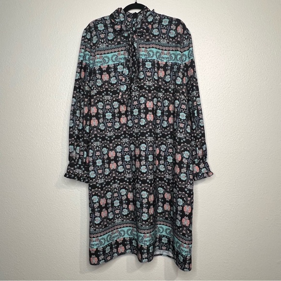 Eloquii Womens Size 22 Long Sleeve Shift Dress High Neck Blue Floral Tie At Neck - Picture 14 of 14